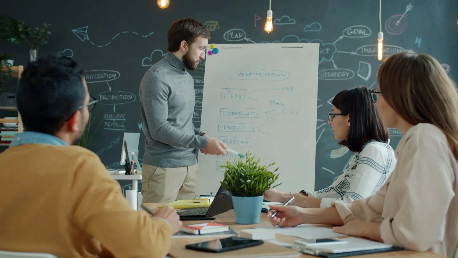 B2B buying committee mapping keywords on a whiteboard during a strategy session